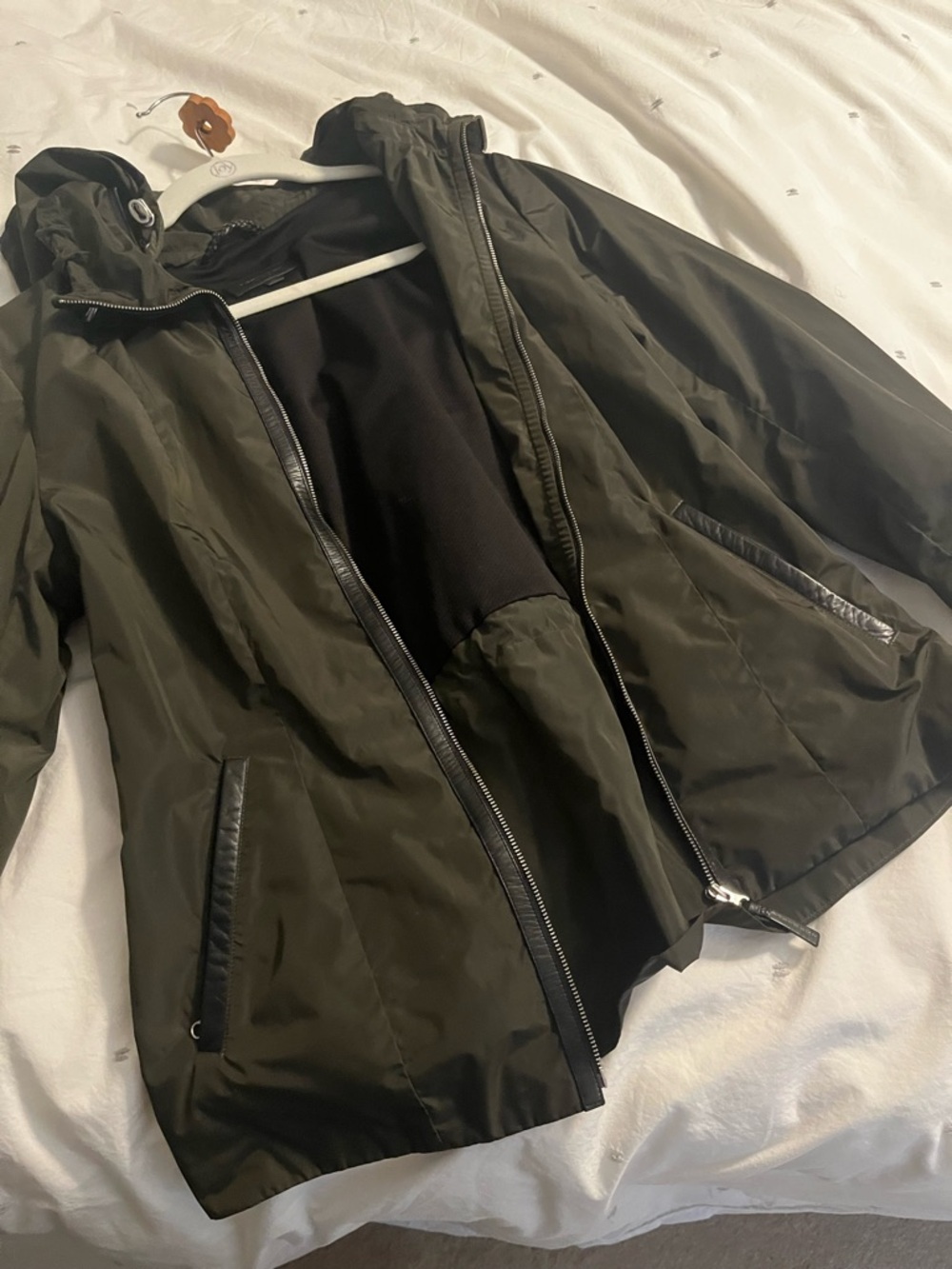 Mackage rain jacket with hood, adjustable waist and leather details